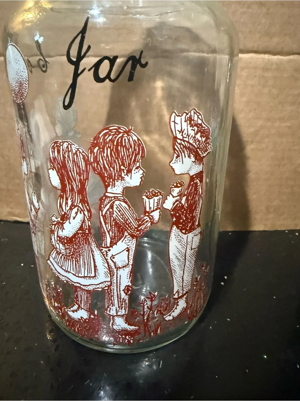 Glass Cookie Jar with Vintage Children Illustration